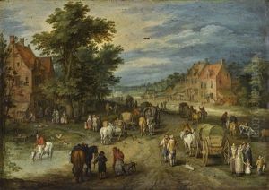 A Wide Village Street In Summer With Carts, Villagers And Gentlefolk by Jan Brughel