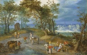 Landscape With Figures On A Road Through A Wood, With A Chapel Beyond by Jan Brughel