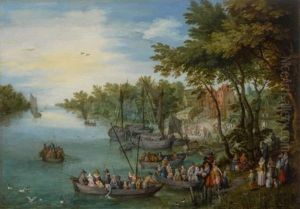 A Wooded River Landscape With A Landing Stage, Boats, Various Figures And A Village Beyond by Jan Brughel