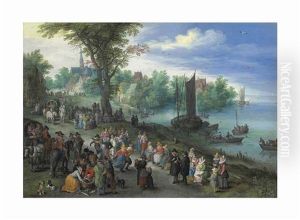 Figures Dancing On The Bank Of A River With A Fish-seller, With A Portrait Of The Artist In The Foreground Figures Dancing On The Bank Of A River With A Fish-seller, With A Portrait Of The Artist In The Foreground