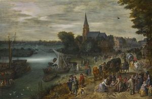 A Busy Townscape With Numerous Figures Arriving By Ferryboat And Fishermen Selling Their Catch On The Riverbank