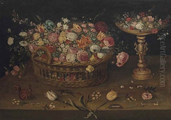 A Wicker Basket With Roses, Narcissi, Tulips, Primroses, Orchids And Other Flowers, A Gilt Tazza With Flowers, On A Wooden Ledge With A Squirrel - view 1