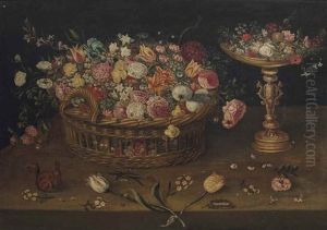 A Wicker Basket With Roses, Narcissi, Tulips, Primroses, Orchids And Other Flowers, A Gilt Tazza With Flowers, On A Wooden Ledge With A Squirrel by Jan Brughel