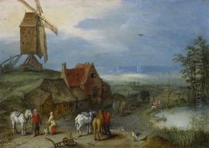 Landscape With A Windmill, Various Figures, Horses, And Animals Near A Farmstead