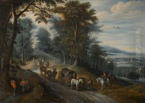 Travellers On A Wooded Road, A Distant Landscape Beyond by Jan Brughel