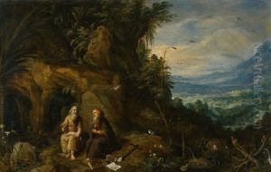 Two Saints Seated Outside A Cave, A Distant Landscape Beyond by Jan Brughel