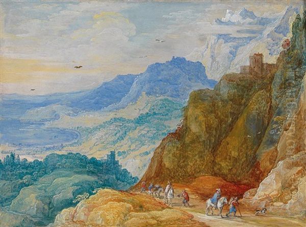 A Mountainous Landscape With Travellers On A Path - view 1