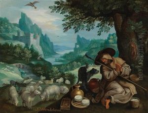 A Rocky River Landscape With The Hermit Wendelin Of Trier