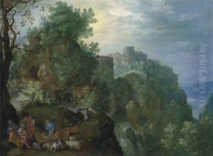 A Mountainous Landscape With Herdsmen Resting By A Path, A View Of Tivoli, With The Temple Of Vesta And The Cascatelle Beyond by Jan Brughel