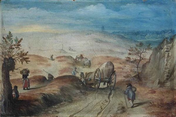 An Extensive, Hilly Landscape With Carriages And Peasants On A Sandy Path - view 1