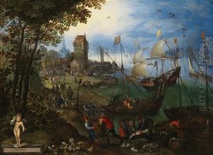 A Crowded Harbour Scene On The Scheldt Near Antwerp by Jan Brughel