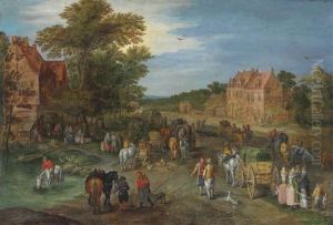A Village With Travelers And Covered Wagons On A Country Road by Jan Brughel