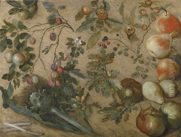 Studies Of Apples, Pears, Grapes, Blackberries, An Artichoke, Spears Of Asparagus And A Sprig Of Oak - view 1