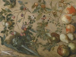 Studies Of Apples, Pears, Grapes, Blackberries, An Artichoke, Spears Of Asparagus And A Sprig Of Oak by Jan Brughel
