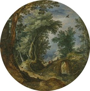 A Wooded Landscape With Figures Crossing A Bridge by Jan Brughel