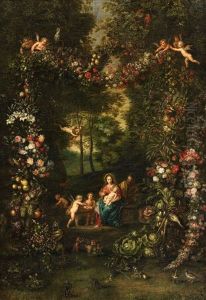 A Garland Of Fruits With The Holy Family by Jan Brughel