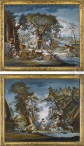 A Pair Of Italian Reverse Oil Paintings On Glass After Jan Brueghel I by Jan Brughel