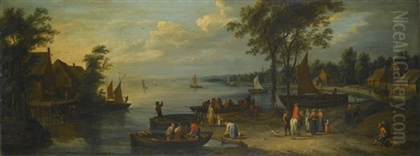 A Wooded River Landscape With Figures Near A Village And Boats - view 1