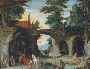 A Mountainous Landscape With Pilgrims Visiting A Shrine At A Hermitage