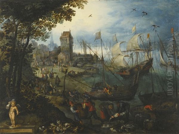 River Landscape With Numerous Ships Bringing Their Catch Into A Town - view 1