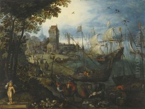 River Landscape With Numerous Ships Bringing Their Catch Into A Town by Jan Brughel
