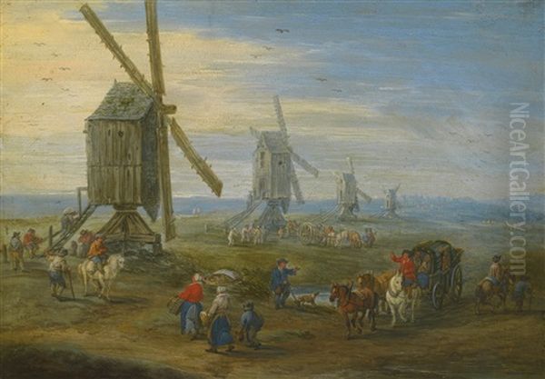 Landscape With A Row Of Working Windmills, Figures On Foot, On Horseback And In Carts, A Town In The Distance - view 1