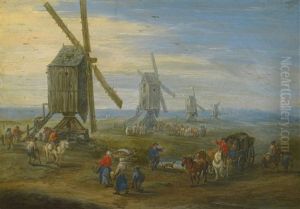 Landscape With A Row Of Working Windmills, Figures On Foot, On Horseback And In Carts, A Town In The Distance by Jan Brughel