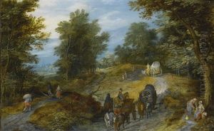 Woodland Road With Wagon And Travelers by Jan Brughel