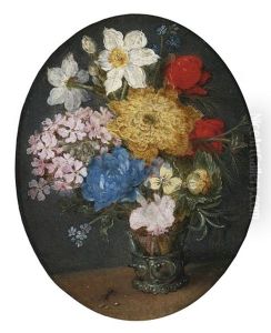 Narcissi, Chrysanthemums, Roses, Forget-me-nots, A Sprig Of Rosemary And Other Flowers In A Roemer With An Ant On A Table by Jan Brughel