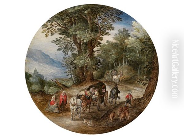 Waldstrasse Mit Planwagen Und Schweineherde - view 1