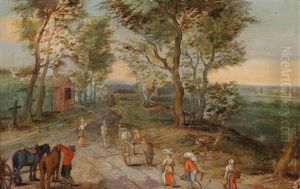 Landstrase Mit Bauern Auf Dem Weg Zum Markt by Jan Brughel