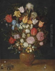 Irises, Roses, Tulips, Narcissae, Cardamine, Cyclamen, Hyacinths, Calendula, Eranthis And Other Flowers In A Vase On A Ledge by Jan Brughel