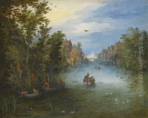A River Running Through A Small Town, With A Cattle Ferry On The Water And Rowing Boats Setting Off From The Left Bank A River Running Through A Small Town, With A Cattle Ferry On The Water And Rowing Boats Setting Off From The Left Bank