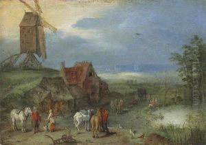 Landscape With A Windmill, Figures And Horses By A Farmstead by Jan Brughel
