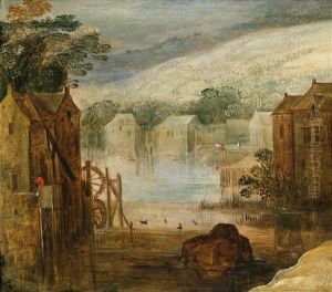 Eine Flusslandschaft Mit Wassermuhle Und Figuren by Jan Brughel