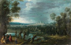 Paysage De Campagne Traverse Par Une Riviere Avec, A Gauche, Deux Villageois Consultant Un Bohemien