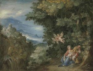 The Rest On The Flight Into Egypt With Saint John The Baptist, The Temple Of The Sibyl At Tivoli In The Distance by Jan Brughel