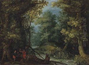 Hunters With Hounds By A Stream In A Wooded Landscape by Jan Brughel