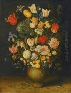 Still Life With Tulips, Roses And Irises In An Unpainted Clay Vase, And A Brooch, Ring And Beetle On A Ledge by Jan Brughel