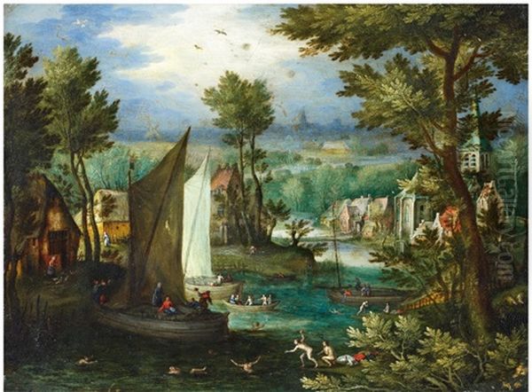 River Landscape With Bathing Figures And Boats - view 1