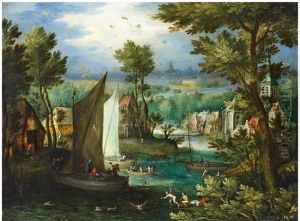 River Landscape With Bathing Figures And Boats by Jan Brughel