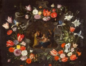 Ramos De Flores Adornando Una Orla Con La Sagrada Familia by Jan Brughel