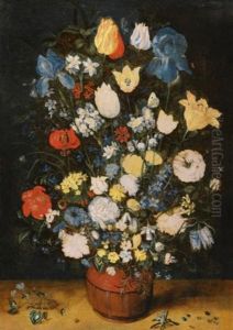 Still Life With Irises, Roses, Tulips, Narcissae, Cardamine, Cyclamen, Hyacinths, Calendula, Eranthis And Other Flowers In A Wide-bottomed Vase On A Ledge (collab W/studio) by Jan Brughel
