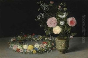 A Still Life Of An Ornamented Stoneware Jug Holding A Bouquet Of Roses And Lilacs, With A Wreath Of Many Smaller Flowers, Including Roses, Carnations, Cyclamen, Narcissi, Forget-me-nots And Love-in-a-mist, Lying On A Table by Jan Brughel