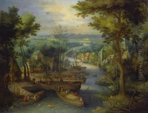 An Extensive River Landscape With Villagers Swimming And Loading Boats Beside A Village by Jan Brughel