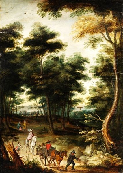 Pferdekarren Und Schimmelreiter Auf Einem Waldweg - view 1