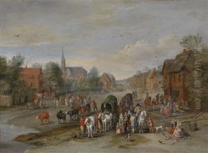Dorfstrasse Mit Pferdefuhrwerken Und Zahlreichen Personen by Jan Brughel