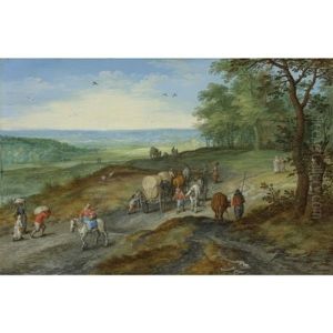 A Panoramic Landscape With A Covered Wagon And Travelers On A Highway by Jan Brughel