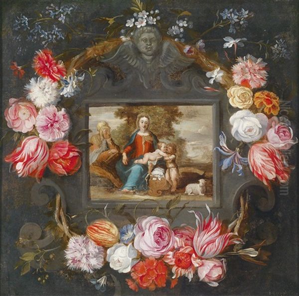 Schule Blumengirlande Um Ein Kartuschenbild Mit Maria, Dem Kind, Der Heiligen Elisabeth Und Dem Johannesknaben - view 1