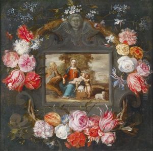 Schule Blumengirlande Um Ein Kartuschenbild Mit Maria, Dem Kind, Der Heiligen Elisabeth Und Dem Johannesknaben